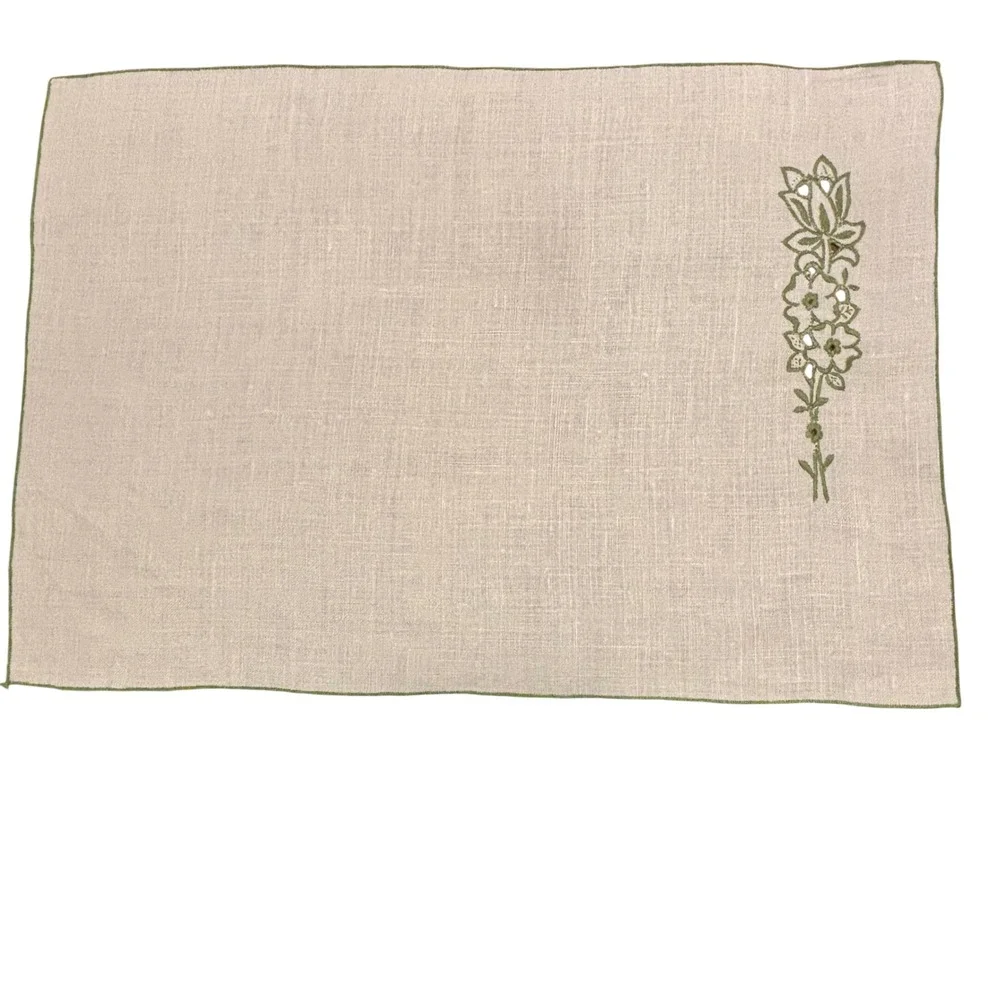 Vintage Beige Green Floral Embroidered Linen Placemat